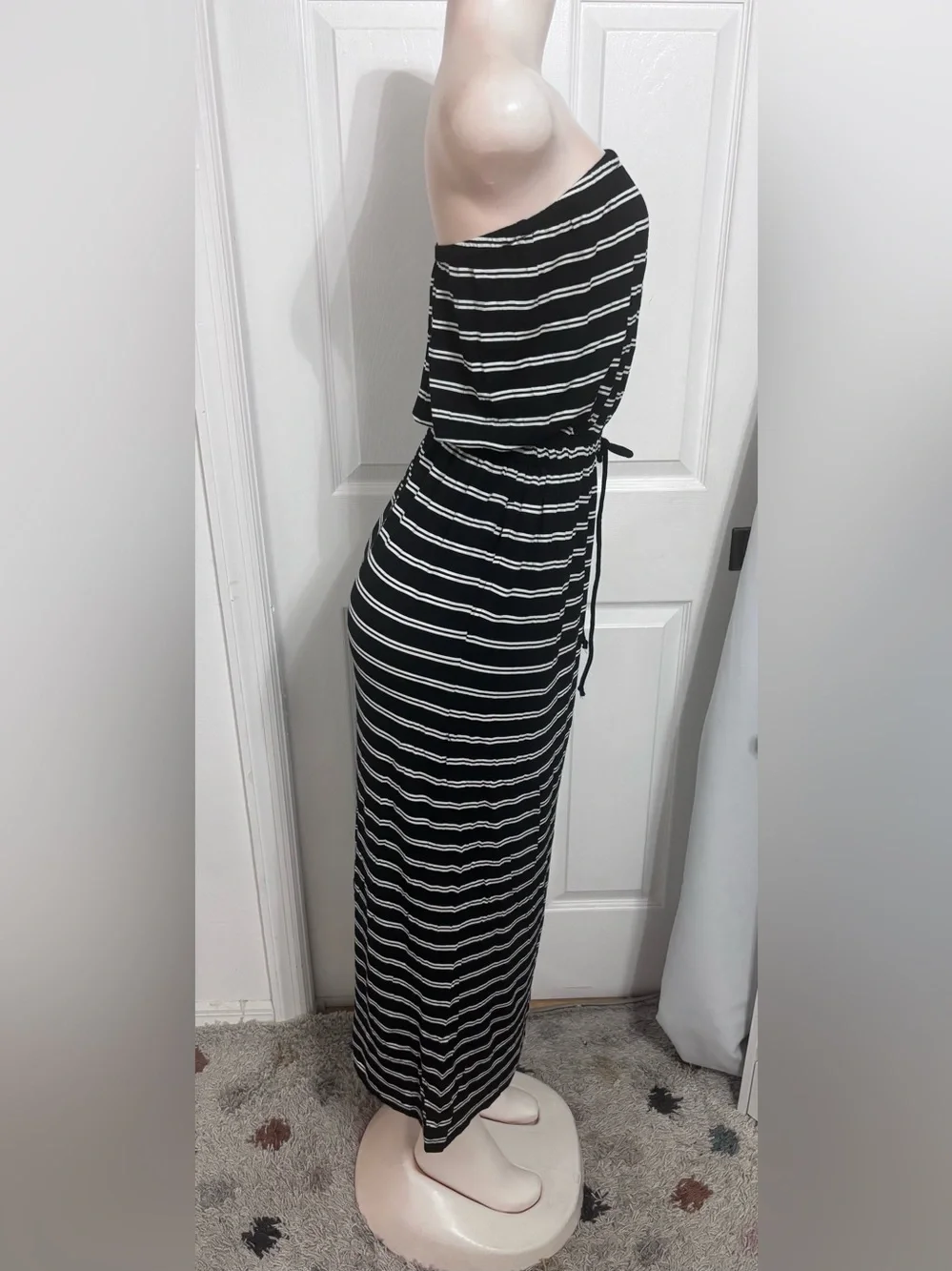 J. Crew Navy and White Strapless Maxi Dress with Slim Tan Belt